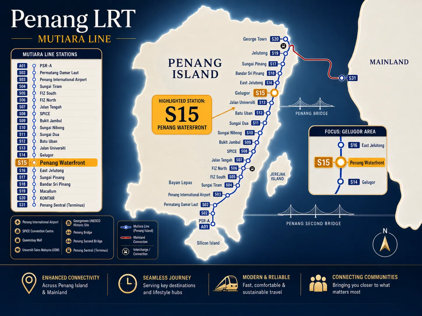 Penang LRT Mutiara Line and Penang Waterfront station map