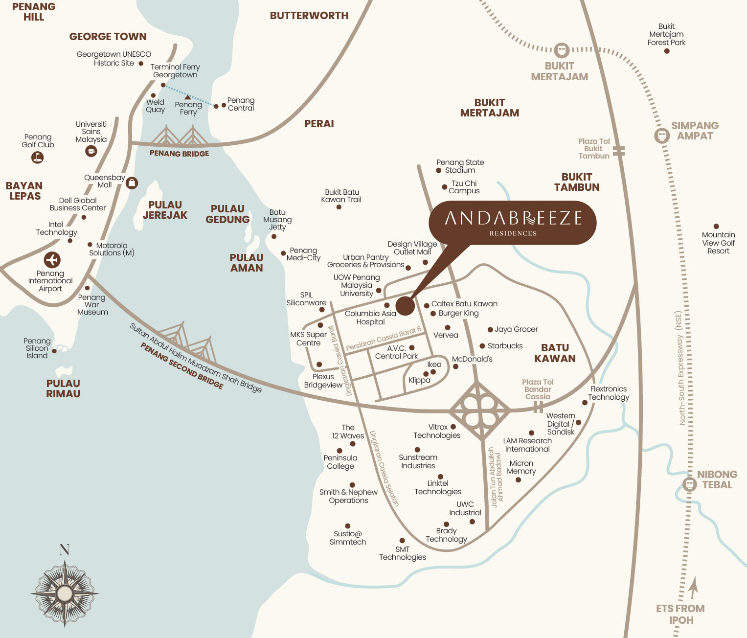 Andabreeze official map showing the project, hospital, university and shopping