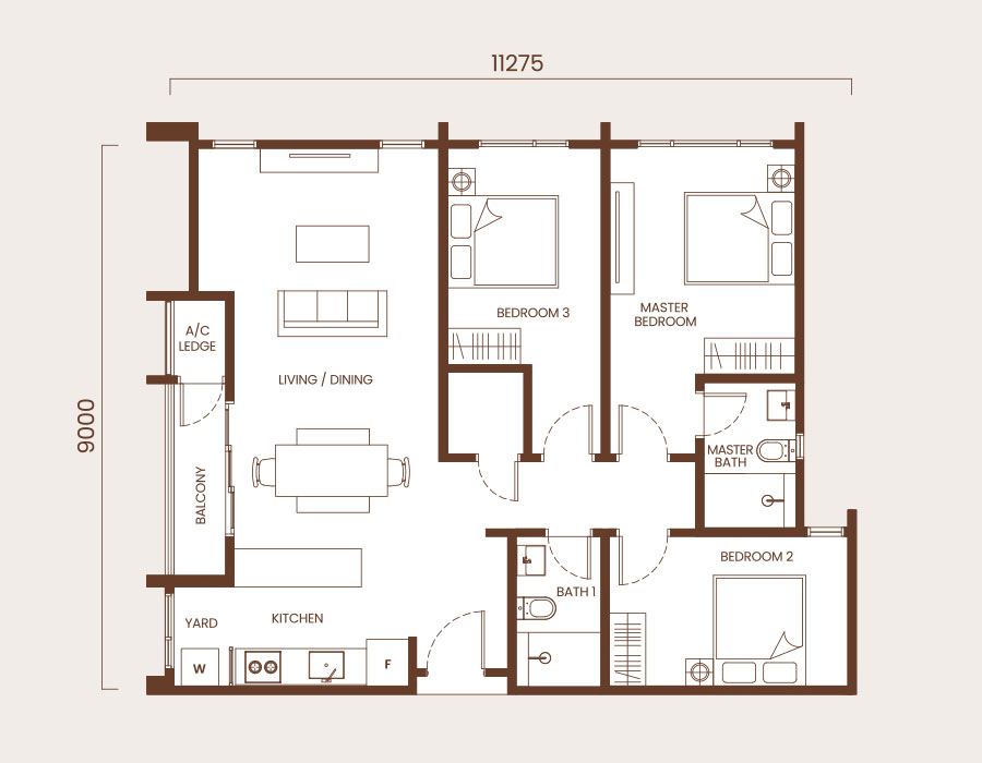 Type A · 1,023 sqft · 3 bedrooms · 2 bathrooms · original official floor plan