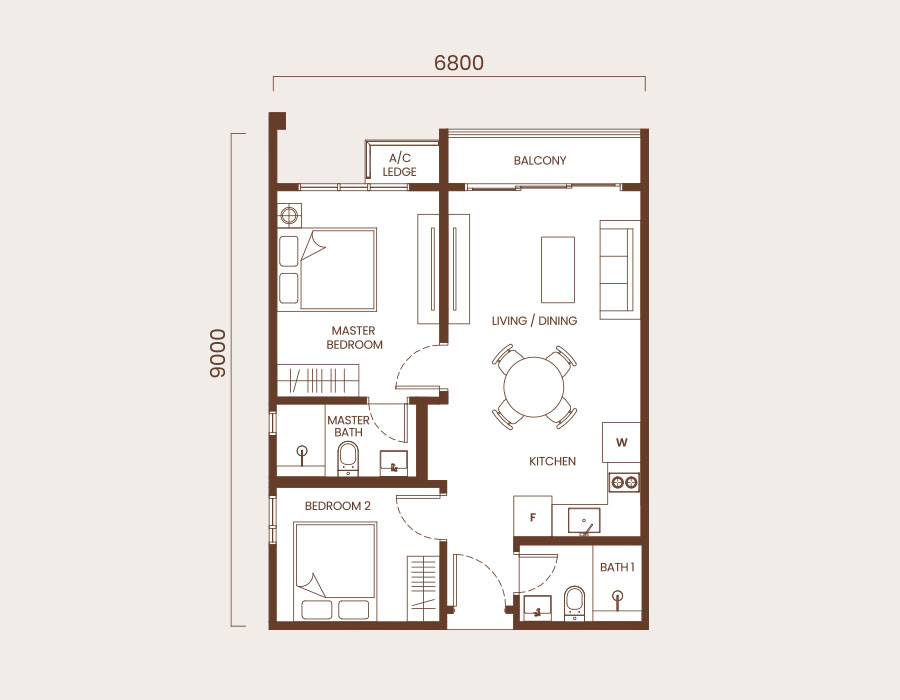 Type B · 636 sqft · 2 bedrooms · 2 bathrooms · original official floor plan
