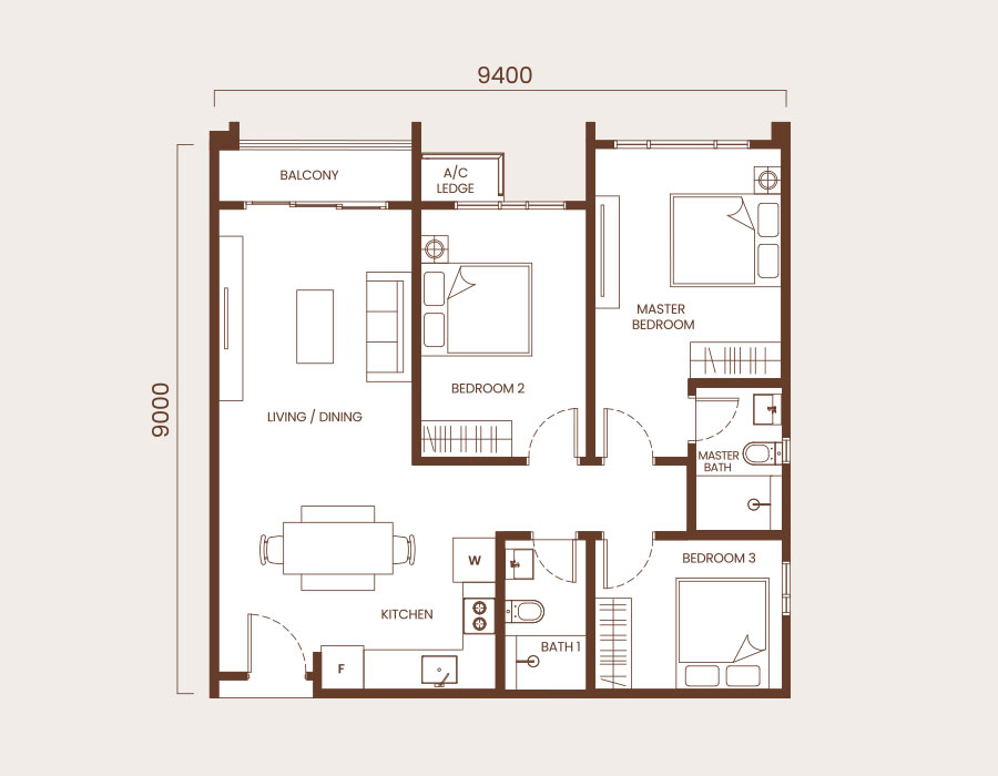 Type C · 894 sqft · 3 bedrooms · 2 bathrooms · original official floor plan