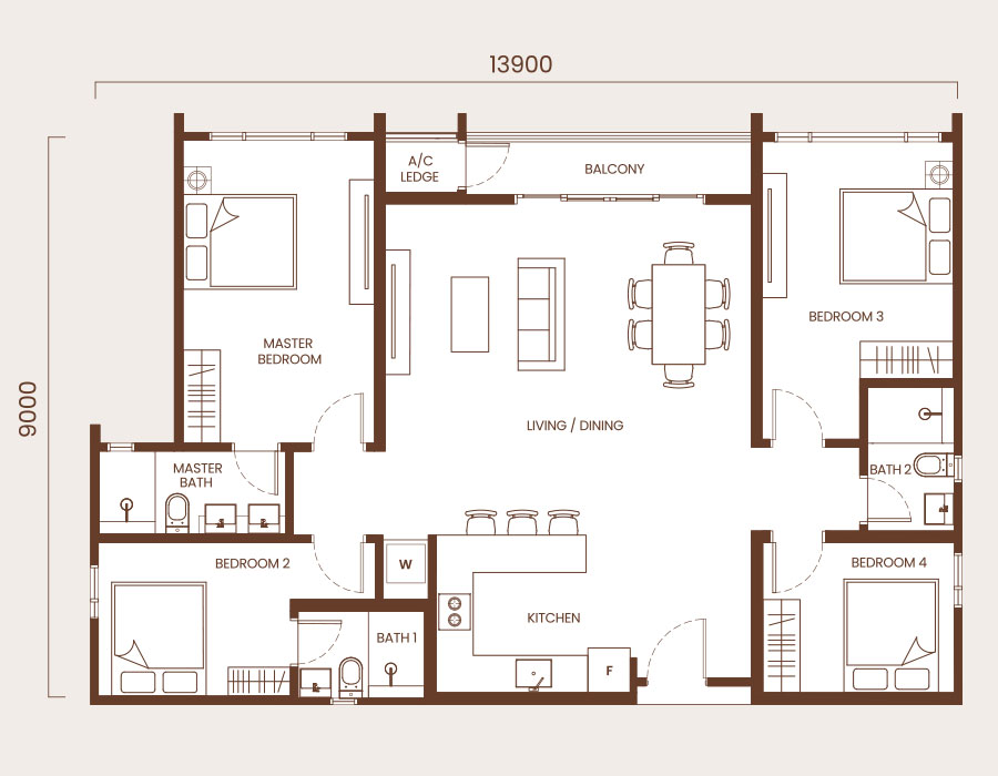 Type D · 1,280 sqft · 4 bedrooms · 3 bathrooms · original official floor plan