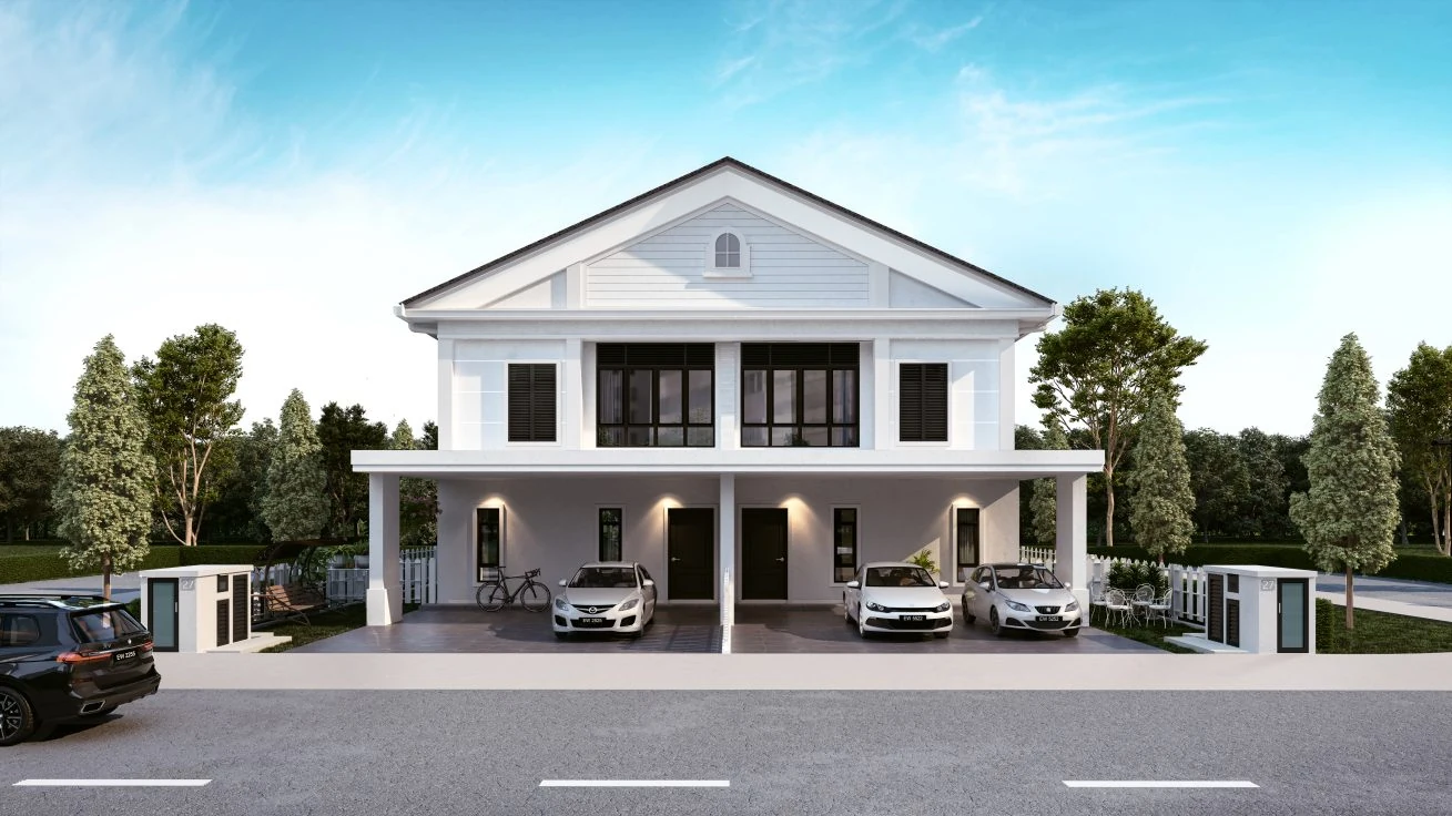 Official artist's impression of Beldon's white-gabled semi-detached homes