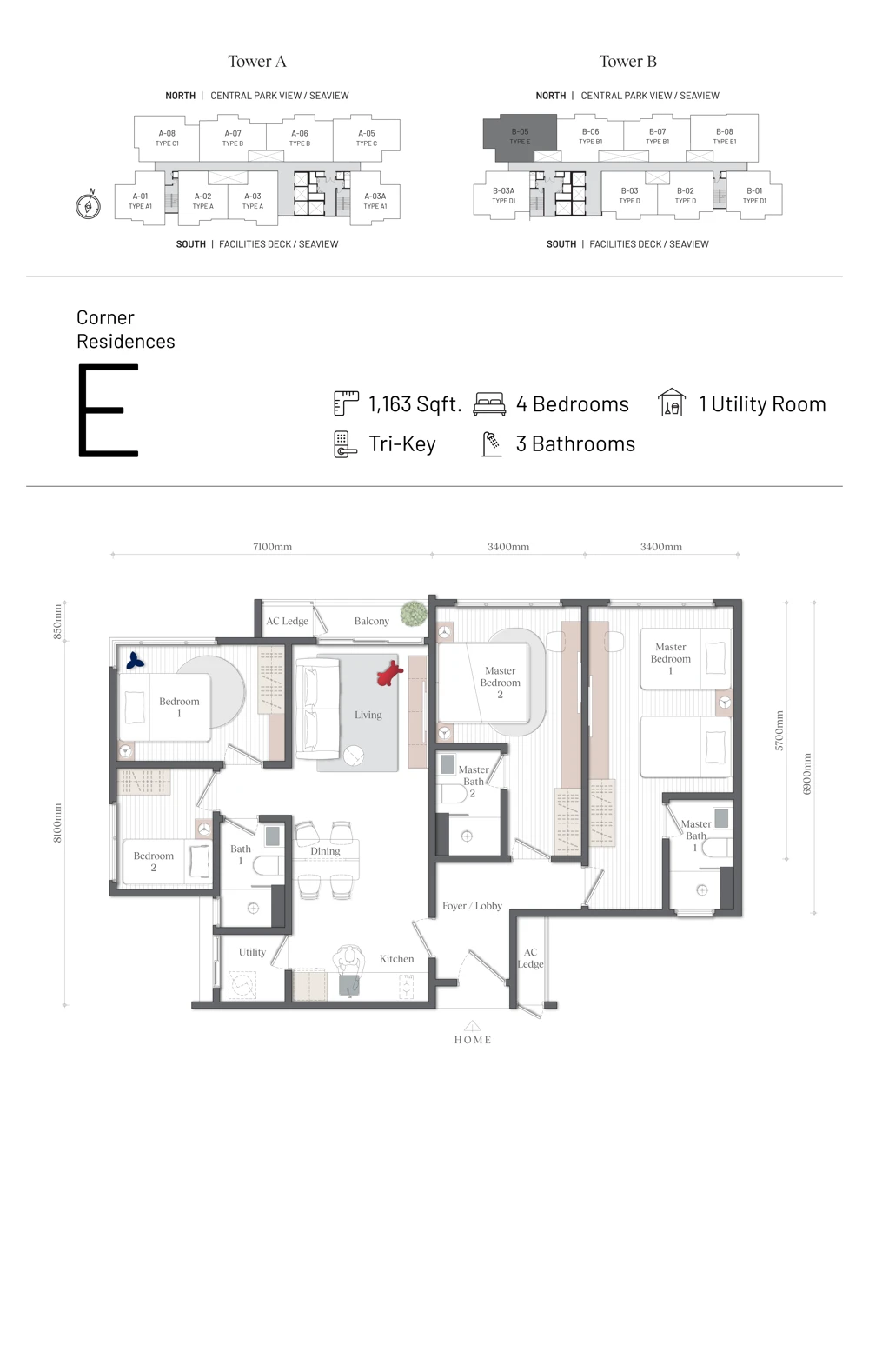 Mezon Type E Tri-Key 1,163 sq ft floor plan