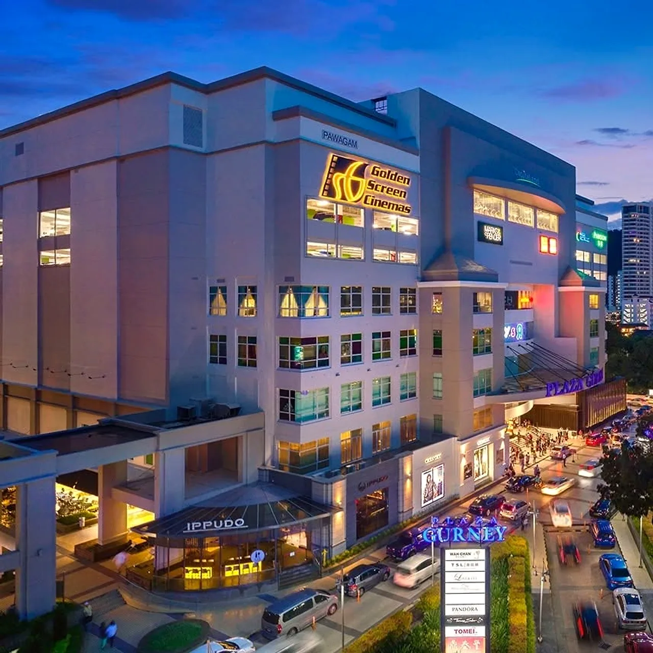 Gurney Plaza and Gurney Drive at blue hour in Penang