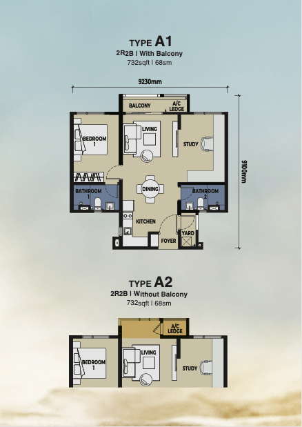 The Lighthauz Type A 732 sq ft floor plans with and without balcony