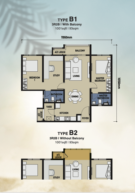 The Lighthauz Type B 1001 sq ft floor plans with and without balcony