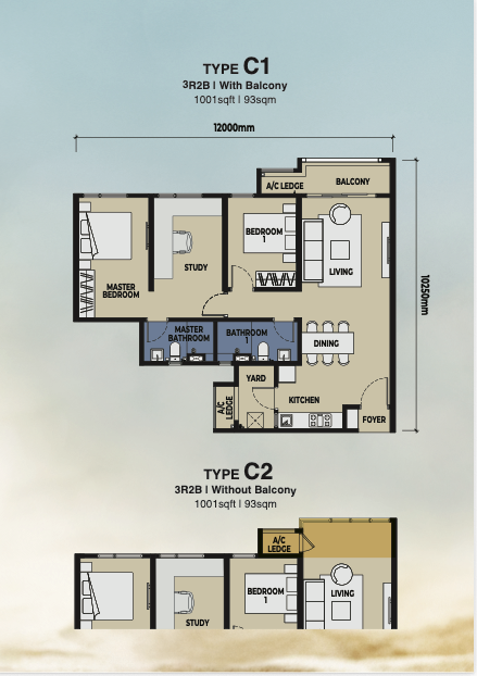 The Lighthauz Type C corner 1001 sq ft floor plans with and without balcony