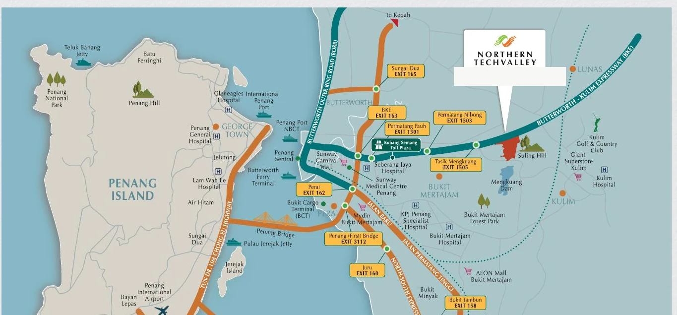 Northern TechValley 位于 Butterworth-Kulim Expressway 并连接槟岛、槟城港口与居林的地图
