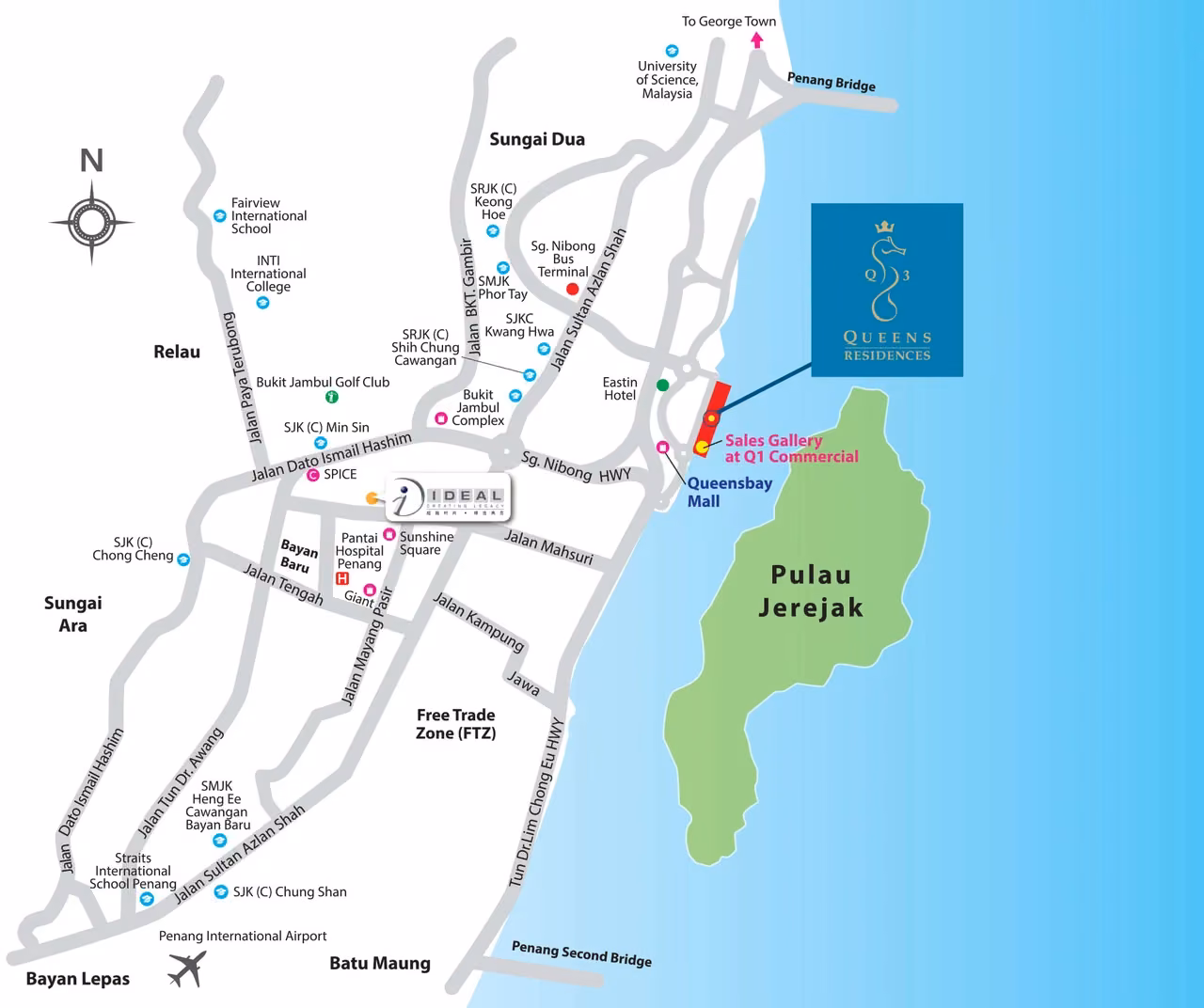 Developer location map showing Queens Waterfront, Queensbay Mall and the Penang Bridge
