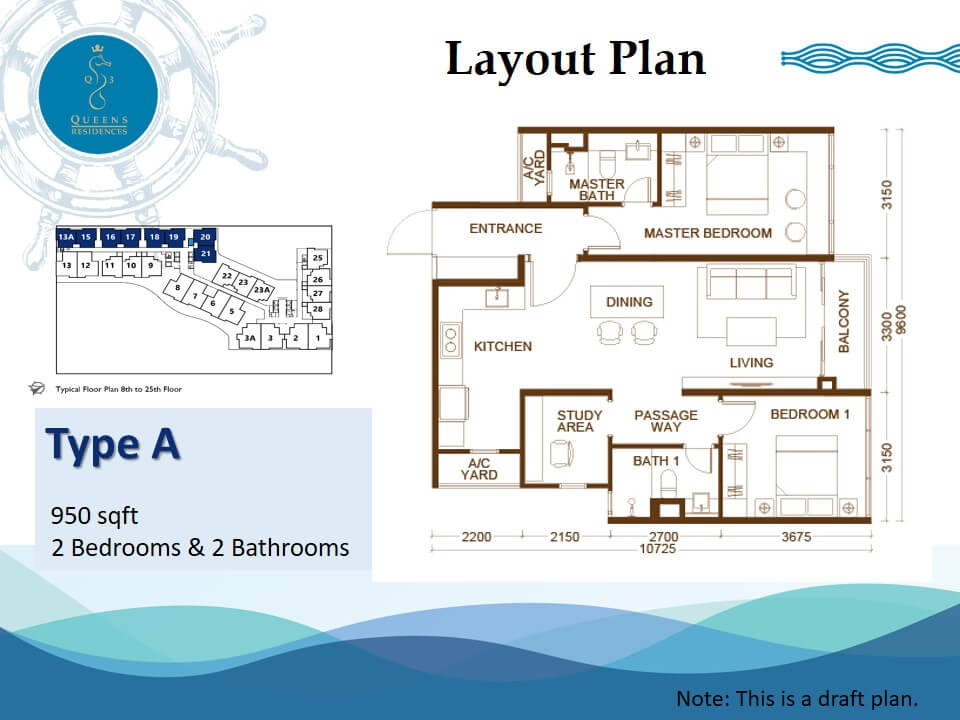 Enlarge Type A floor plan, 2 bedrooms + study · 2 bathrooms