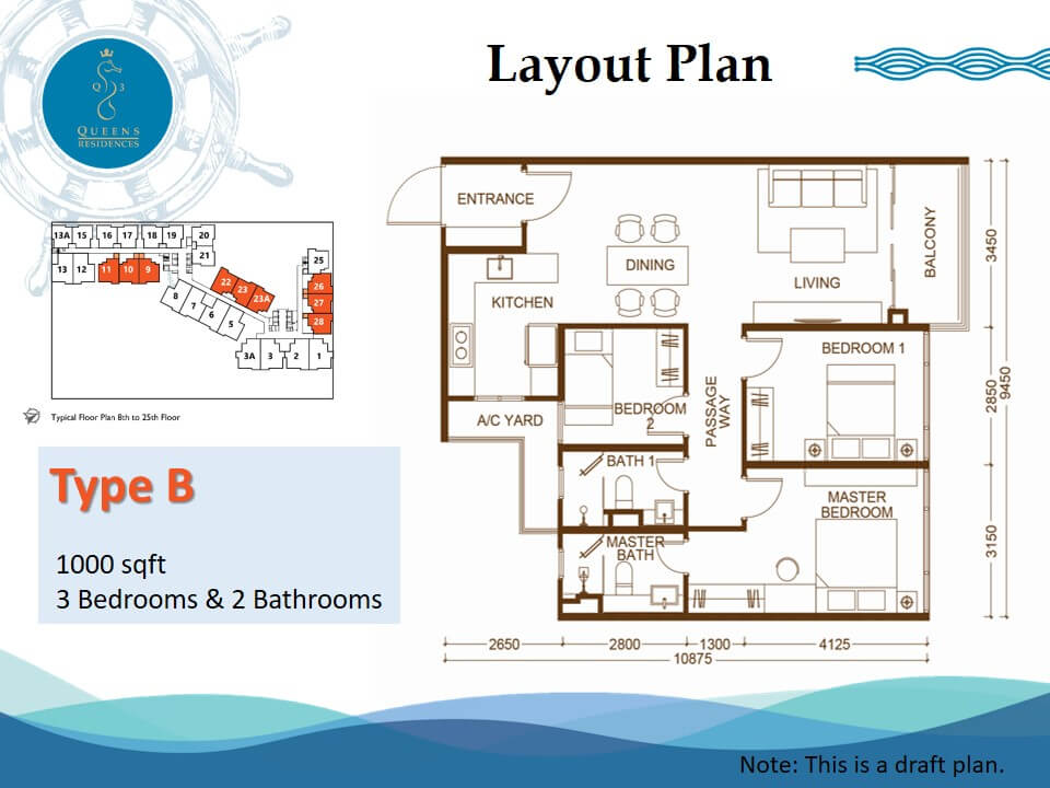 Enlarge Type B floor plan, 3 bedrooms · 2 bathrooms
