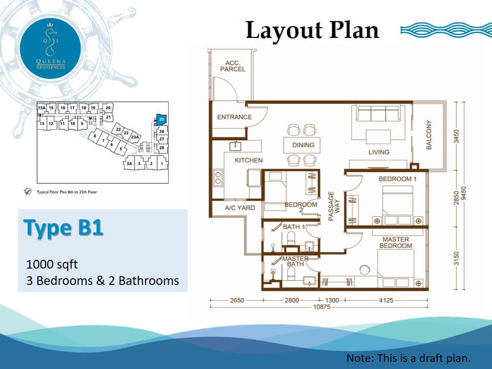 Enlarge Type B1 floor plan, 3 bedrooms · 2 bathrooms