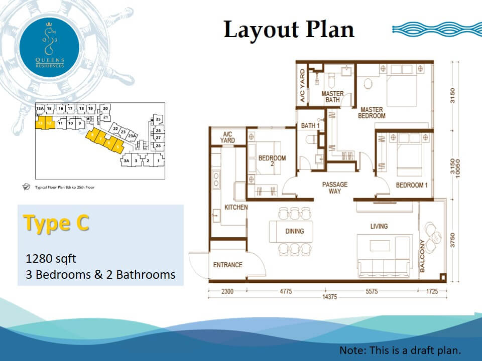 Enlarge Type C floor plan, 3 bedrooms · 2 bathrooms