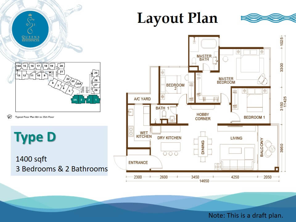 Enlarge Type D floor plan, 3 bedrooms · 2 bathrooms