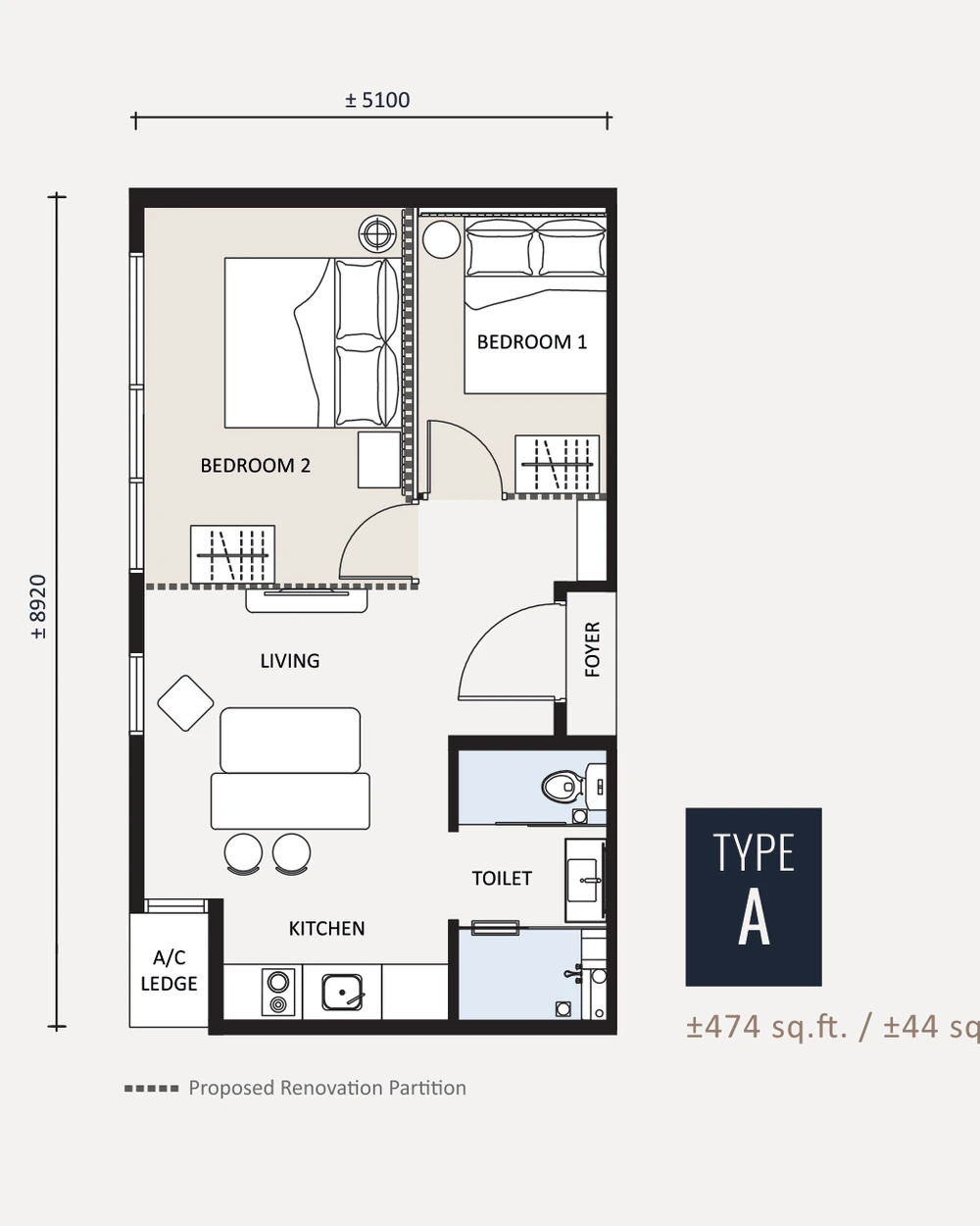 Type A 474 sq ft original floor plan — Proposed Renovation Partition