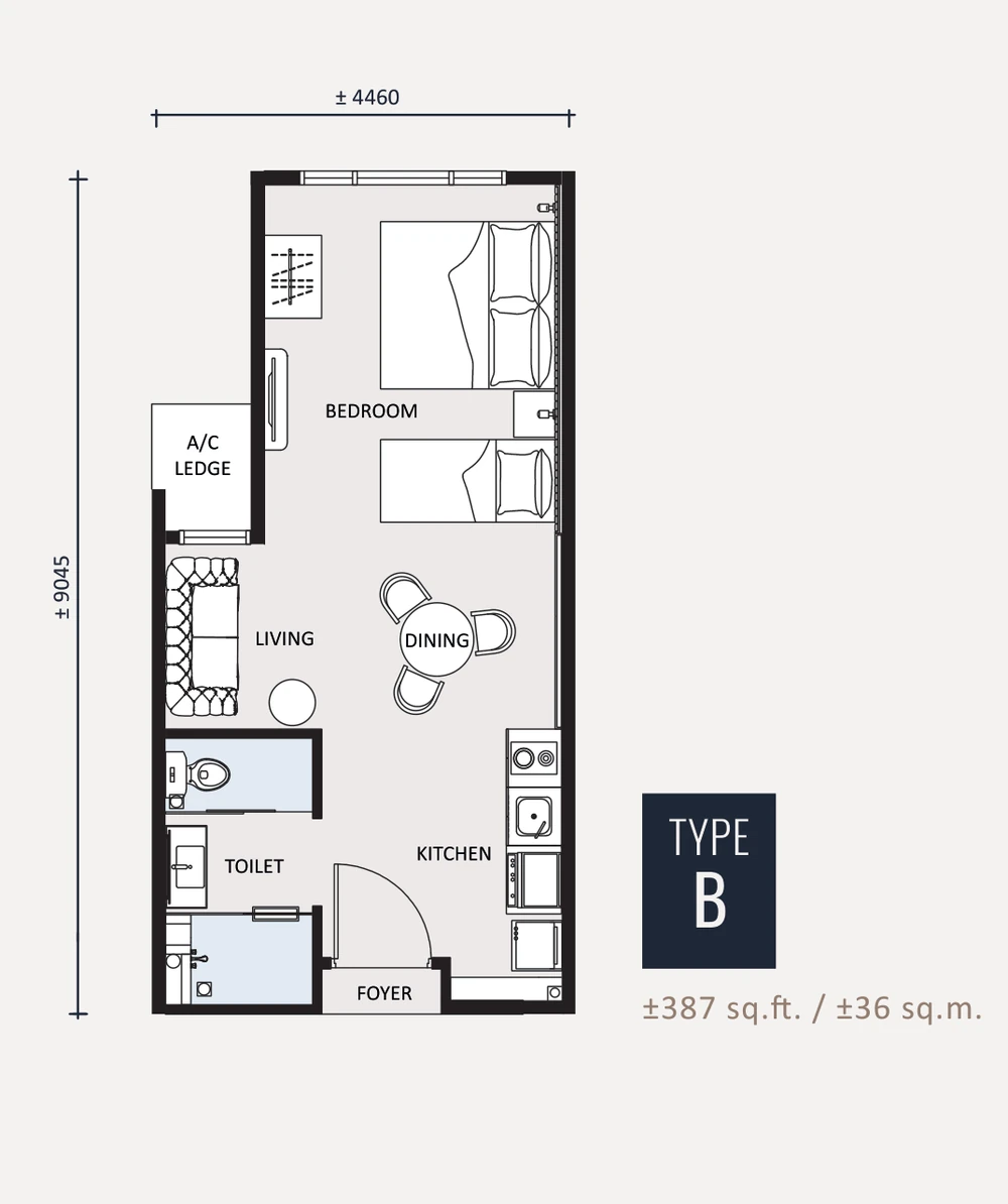 Type B 387 sq ft original floor plan