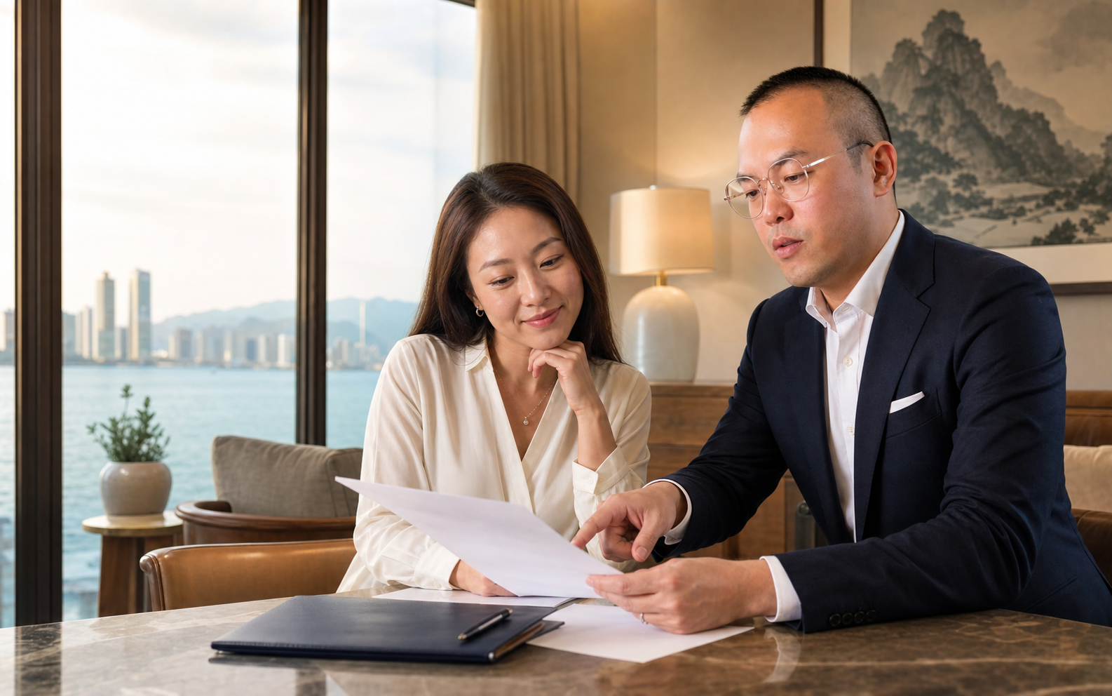 Property adviser reviewing Penang short-stay application documents with an owner