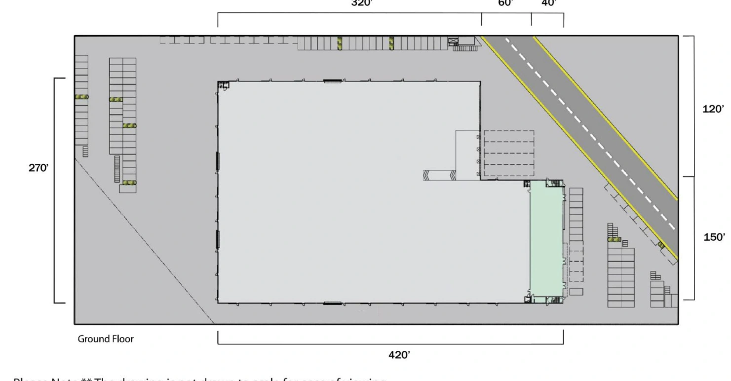 Extract from the developer large-factory ground-floor plan showing production, office and vehicle areas