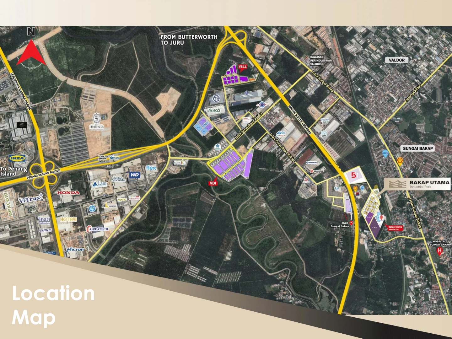 Developer area map showing Sungai Bakap, Valdor and the North–South Expressway